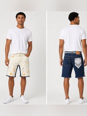 First Row Men’s Distressed Paint Splatter Denim Shorts jorts Size 30 double side